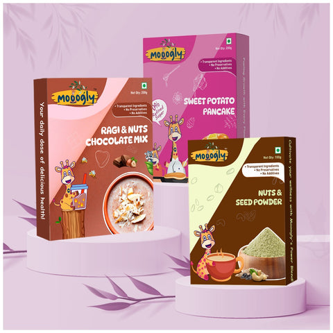 Triple Delight Wellness Pack (Ragi & Nuts Chocolate mix, Nuts & Seed Powder, Sweet Potato Pancake)